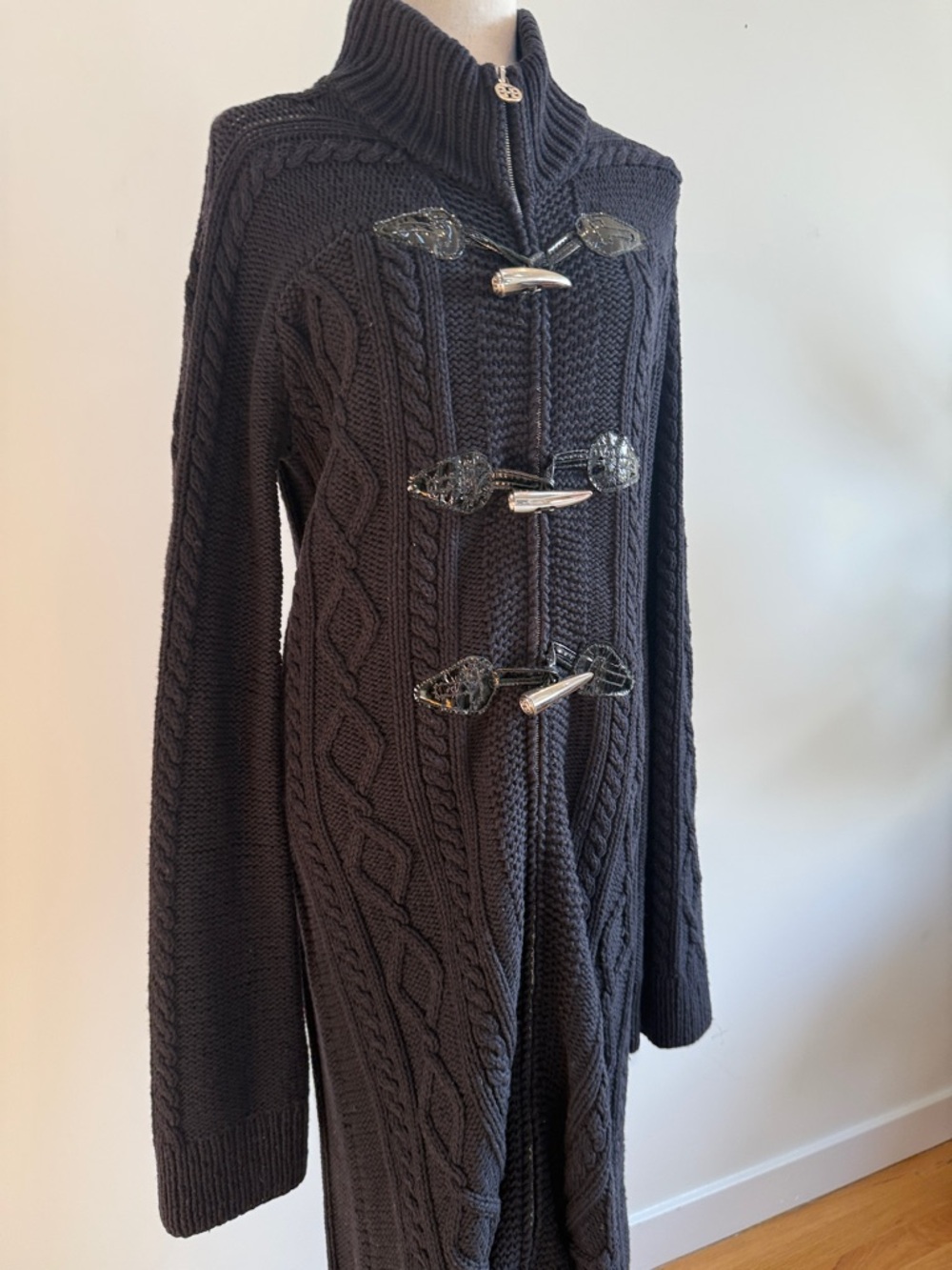 Tory Burch Dark Black Cable Knit Toggle Cardigan